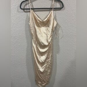 NWT Champagne Satin Sheath Cowl Neck Sleeveless Slit Midi Dress